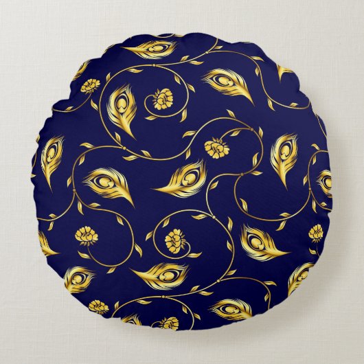 孔雀のサリーパターン ラウンドクッション (正面)