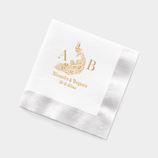 孔雀のシルエット #4 カップル 2イニシャル モノグラム 名前 箔ナプキン (左)