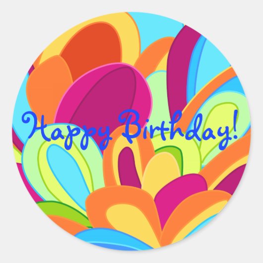 孔雀のステッカー – ハッピーバースデー ラウンドシール (正面)