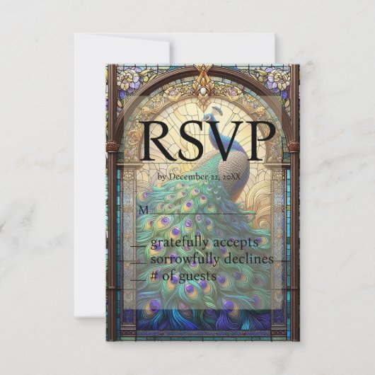 孔雀のステンドグラス 結婚式 RSVP 返信カード (正面)