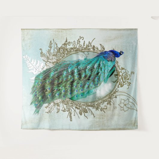 孔雀のターコイズのヴィンテージのぼろぼろの鳥 タペストリー (正面(横))