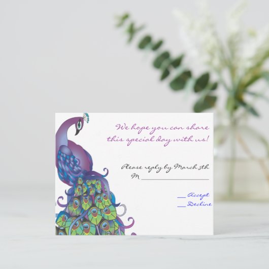 孔雀のテーマの結婚式の応答カード招待の青 出欠カード (スタンド正面)
