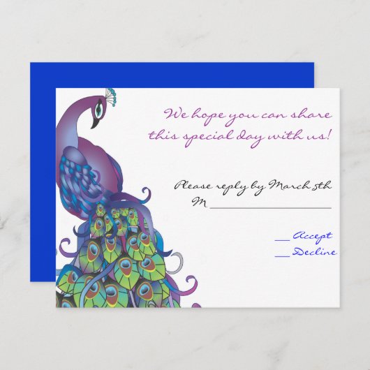 孔雀のテーマの結婚式の応答カード招待の青 出欠カード (正面/裏面)