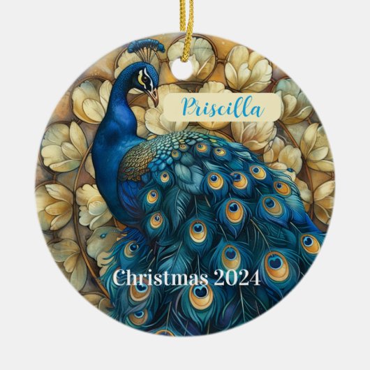 孔雀のパーソナライズされたクリスマス飾り セラミックオーナメント (正面)
