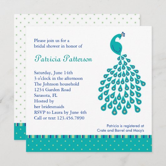 孔雀のブライダルシャワーの招待状 招待状 (正面/裏面)