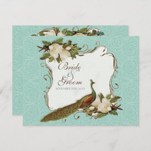 孔雀のマグノリアの花の渦巻のダマスク織の結婚式 出欠カード (正面/裏面)