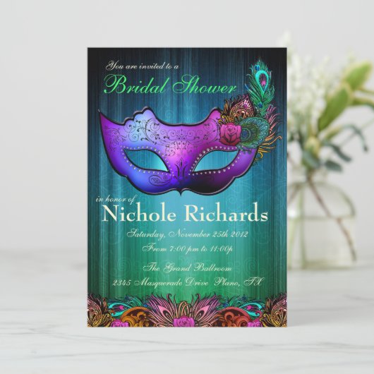 孔雀の仮面舞踏会のブライダルシャワーの招待状 招待状 (スタンド正面)