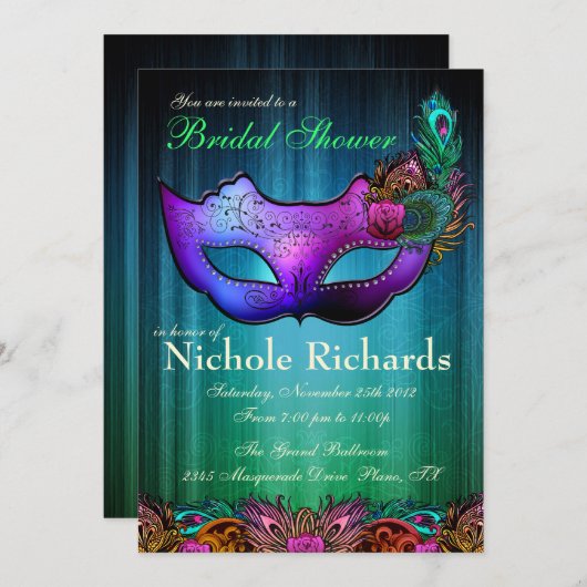 孔雀の仮面舞踏会のブライダルシャワーの招待状 招待状 (正面/裏面)