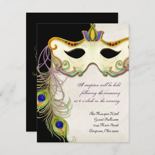 孔雀の仮面舞踏会のマスクの球、披露宴の招待状 招待状 (正面/裏面)