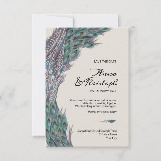 孔雀の保存日付カード セーブザデート (正面)