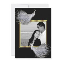 孔雀の優雅の黒、金ゴールドの結婚式招待状