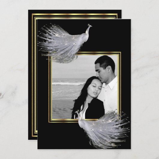 孔雀の優雅の黒、金ゴールドの結婚式招待状 招待状 (正面/裏面)