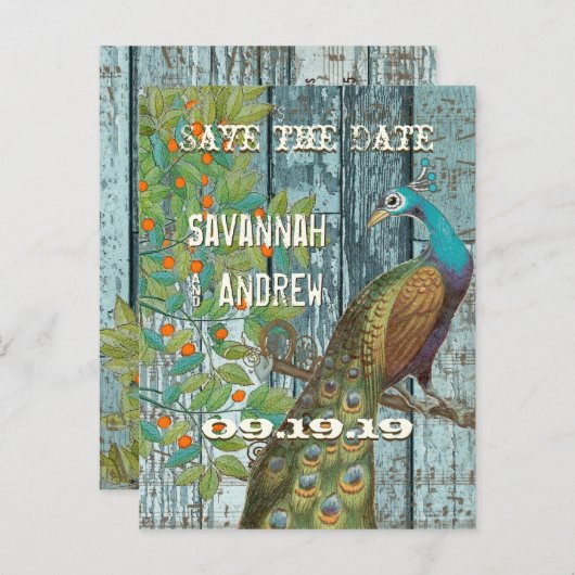 孔雀の愛の鳥が木に座って日付を保存 案内ポストカード (正面/裏面)