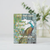 孔雀の愛の鳥が木に座って日付を保存 案内ポストカード (スタンド正面)