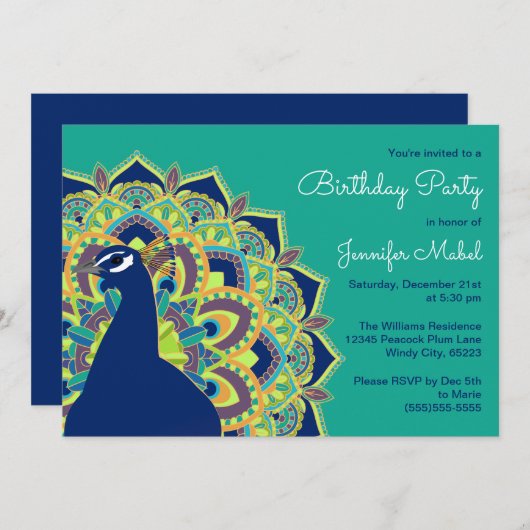 孔雀の曼荼羅の誕生日のパーティの招待状 招待状 (正面/裏面)