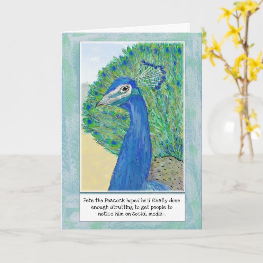 孔雀の漫画のおもしろいな誕生日の挨拶状 カード (黄色い花)