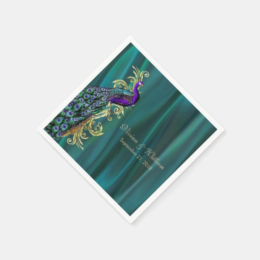 孔雀の紙ナプキン結婚を持つティール（緑がかった色） スタンダードカクテルナプキン (角)