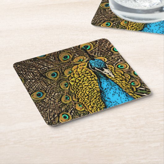 孔雀の素晴らしさのイラストレーション スクエアペーパーコースター (アングル)