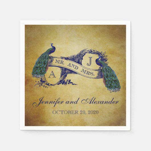 孔雀の素朴な結婚式の紙ナプキン スタンダードカクテルナプキン (正面)