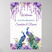 孔雀の紫の花のインディアン結婚の歓迎サイン ポスター (正面)