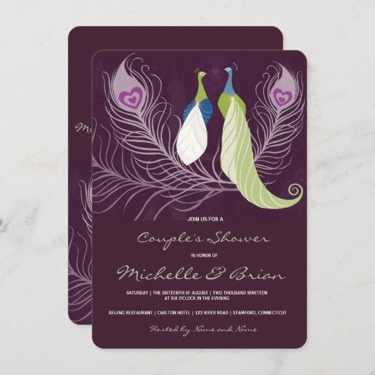 孔雀の組愛鳥の紫色のウェディングシャワー 招待状 (正面/裏面)