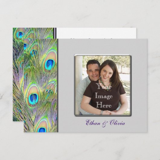 孔雀の結婚式の日付を保存 案内ポストカード (正面/裏面)
