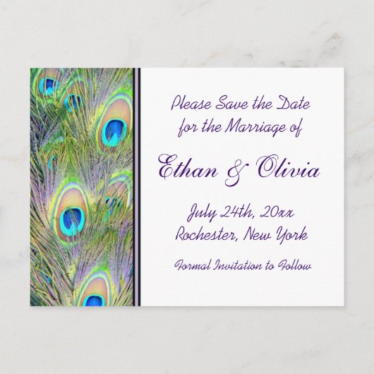 孔雀の結婚式の日付を保存 案内ポストカード (裏面)