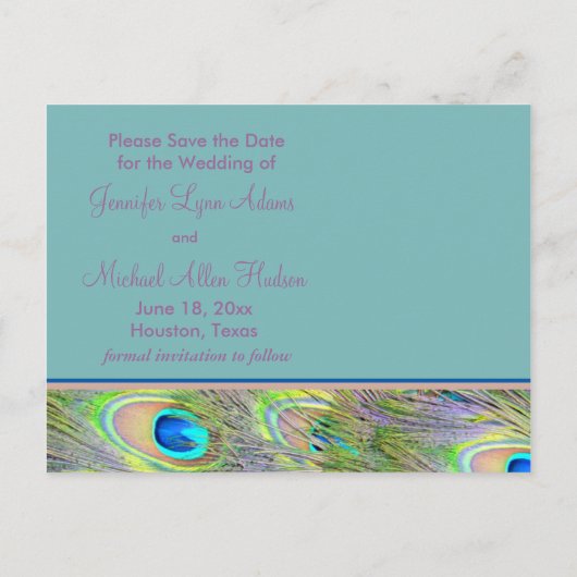 孔雀の結婚式の日付を保存 案内ポストカード (裏面)