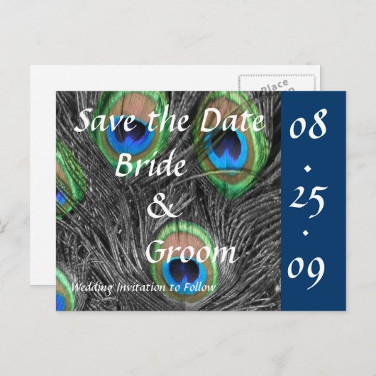 孔雀の結婚式の日付を保存 案内ポストカード (正面/裏面)