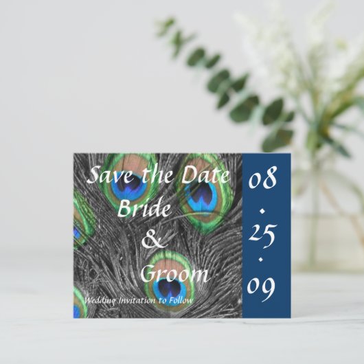 孔雀の結婚式の日付を保存 案内ポストカード (スタンド正面)