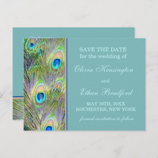 孔雀の結婚式の日付を保存 案内ポストカード (正面/裏面)