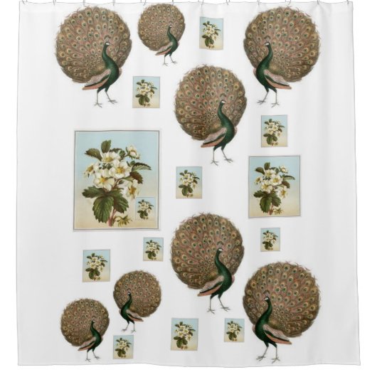 孔雀の緑の白い花のショーカーテン シャワーカーテン (正面)