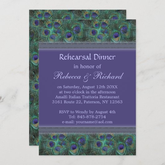 孔雀の緑の紫色のリハーサルの夕食の招待状 招待状 (正面/裏面)