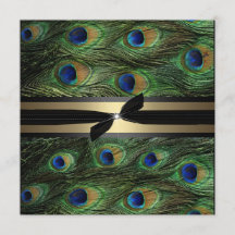 孔雀の緑及び金ゴールドの結婚式招待状