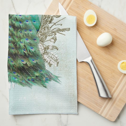 孔雀の美しいターコイズのヴィンテージのぼろぼろの鳥 キッチンタオル (四つ折り)