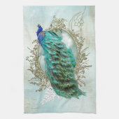 孔雀の美しいターコイズのヴィンテージのぼろぼろの鳥 キッチンタオル (縦)