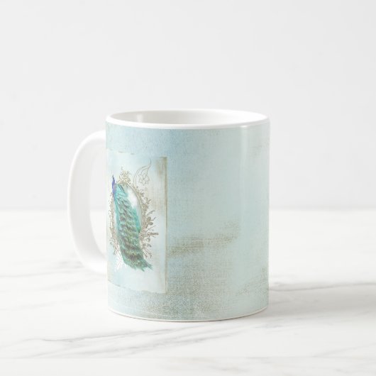 孔雀の美しいターコイズのヴィンテージのぼろぼろの鳥 コーヒーマグカップ (正面左)