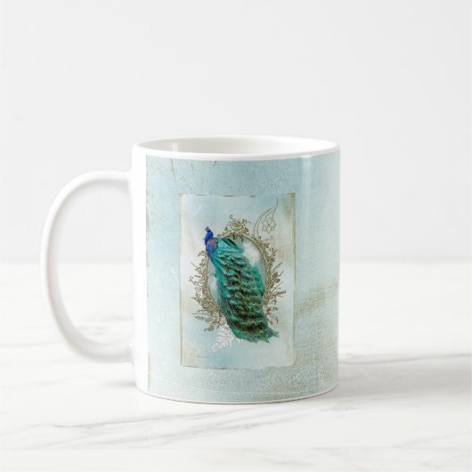 孔雀の美しいターコイズのヴィンテージのぼろぼろの鳥 コーヒーマグカップ (左)