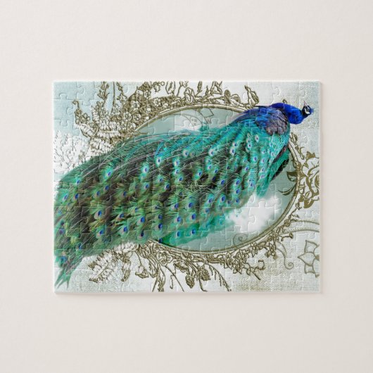 孔雀の美しいターコイズのヴィンテージのぼろぼろの鳥 ジグソーパズル (横)