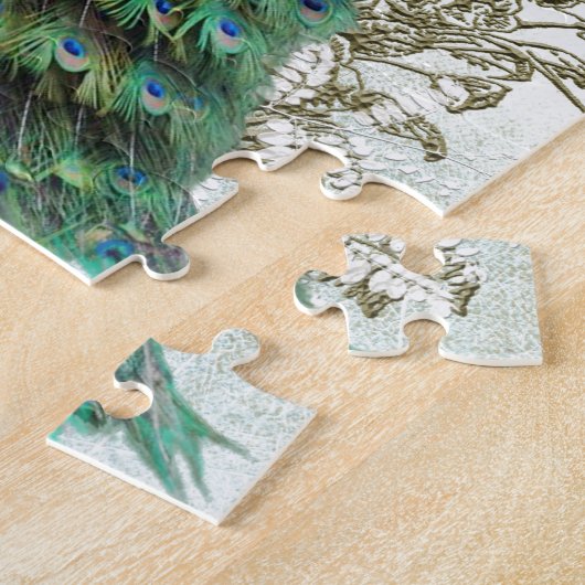 孔雀の美しいターコイズのヴィンテージのぼろぼろの鳥 ジグソーパズル (側面)