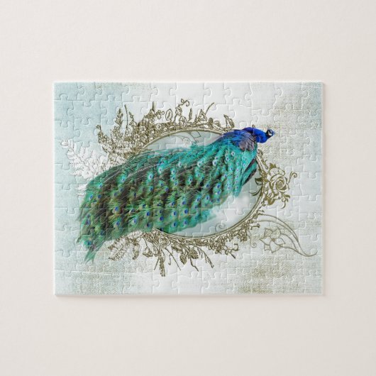 孔雀の美しいターコイズのヴィンテージのぼろぼろの鳥 ジグソーパズル (横)