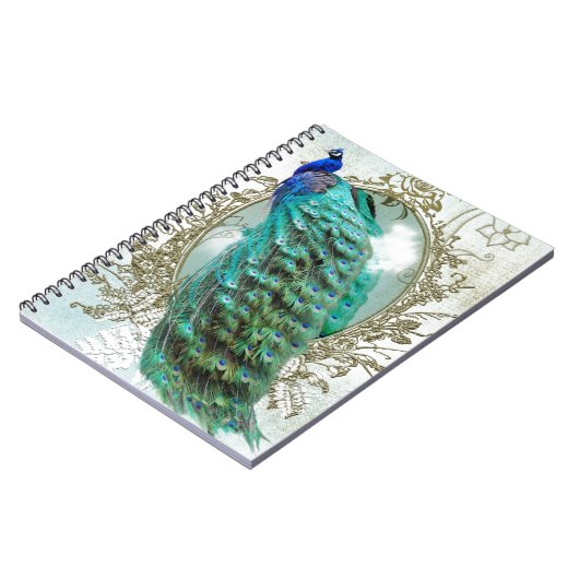 孔雀の美しいターコイズのヴィンテージのぼろぼろの鳥 ノートブック (左側)
