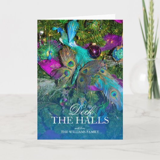 孔雀の羽および着色された木の装飾 シーズンカード (正面)