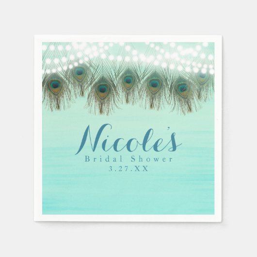 孔雀の羽とストリングライトの素朴パーティー スタンダードカクテルナプキン (正面)