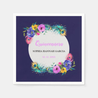 孔雀の羽と花キンセアニラパープル スタンダードカクテルナプキン