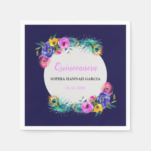孔雀の羽と花キンセアニラパープル スタンダードカクテルナプキン (正面)