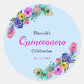 孔雀の羽と花キンセアニラベビーブルー ラウンドシール (正面)