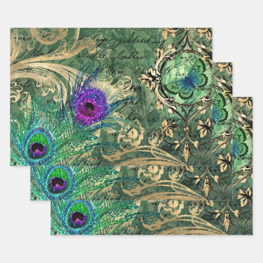 孔雀の羽と蝶 ラッピングペーパーシート (セット)