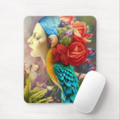 孔雀の羽にフローラを持つメス顔 マウスパッド (マウス)