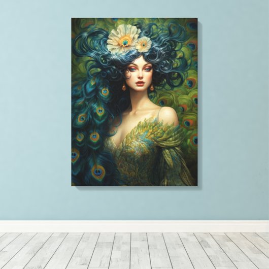 孔雀の羽に囲まれた美しい女性 キャンバスプリント (インサイチュ (ウッドフロア))